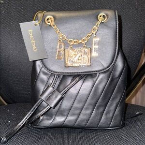 NWT $99 Bebe Black Backpack with Gold Chain Accent
